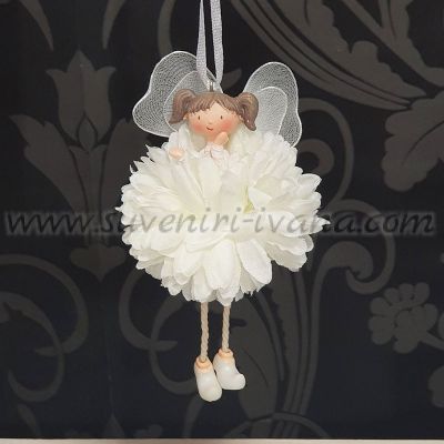 Висящо декоративно ангелче с два кока, бяла рокля и крила – фигурка за окачване